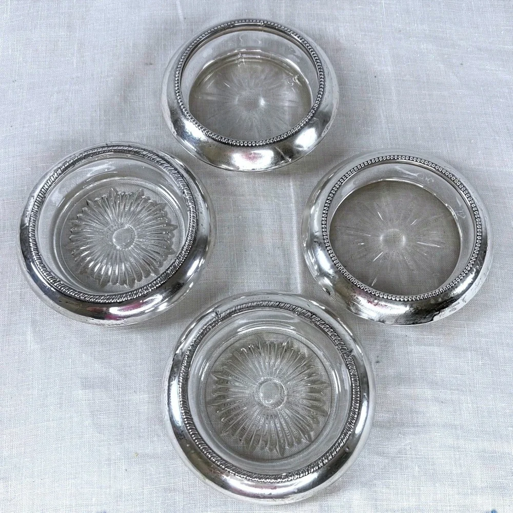 Vintage Sterling Silver Rim Glass Coasters Set of 4 Frank M Whiting Laben